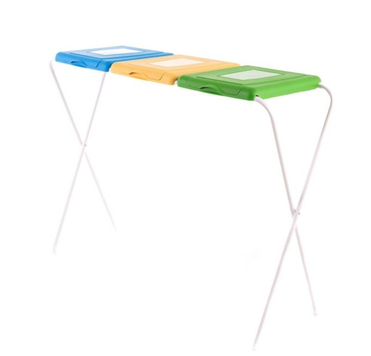 Suport pentru saci menajeri pentru colectare selectiva 120 L, Jotta, 3 compartimente verde-galben-albastru, otel - imagine 4